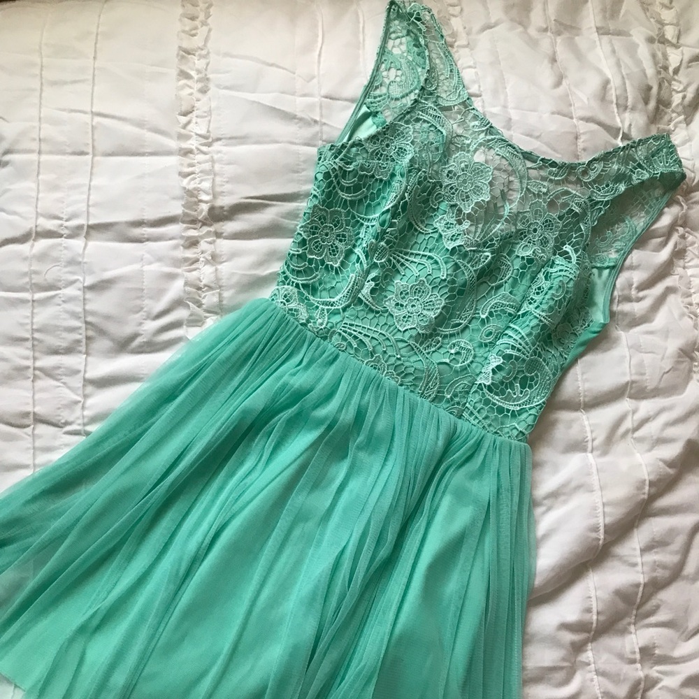 Aqua tulle and embroidered dress
